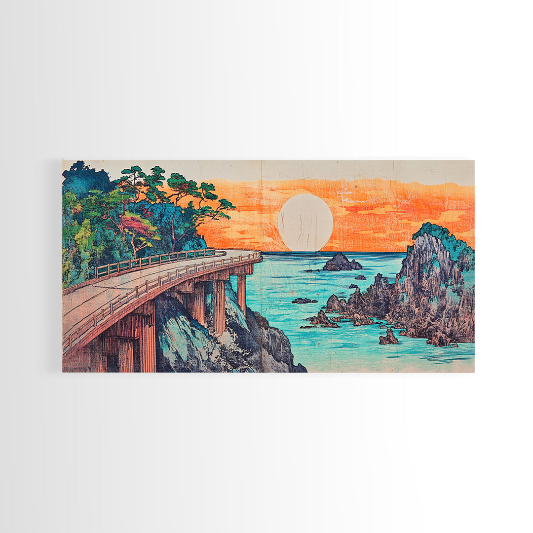 Retro Coastal Bridge Over Turquoise Sea Framed Canvas Print, Japanese Landscape Art, Beach House Decor, Large Wall Art, Art Print