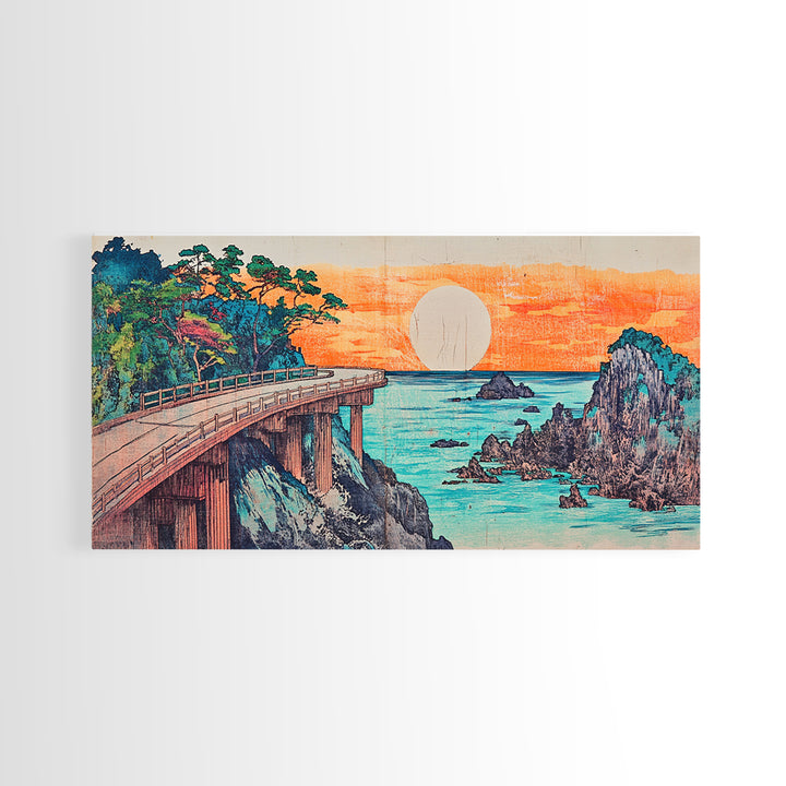 Retro Coastal Bridge Over Turquoise Sea Framed Canvas Print, Japanese Landscape Art, Beach House Decor, Large Wall Art, Art Print