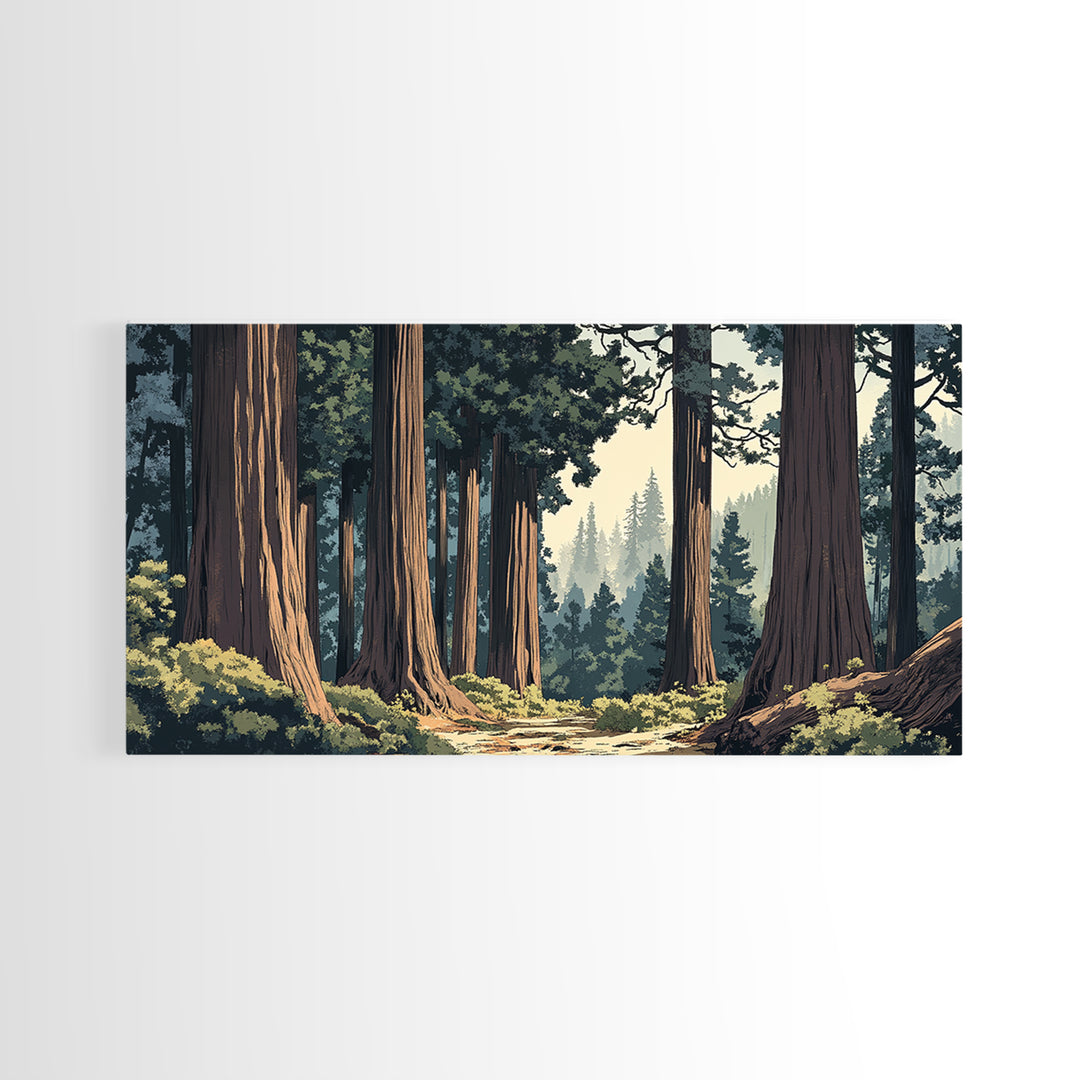 Towering Redwood Forest Trail With Tall Trees Wall Art, Nature Landscape Print, Rustic Cabin Decor, Office Wall Decor, Large Wall Art