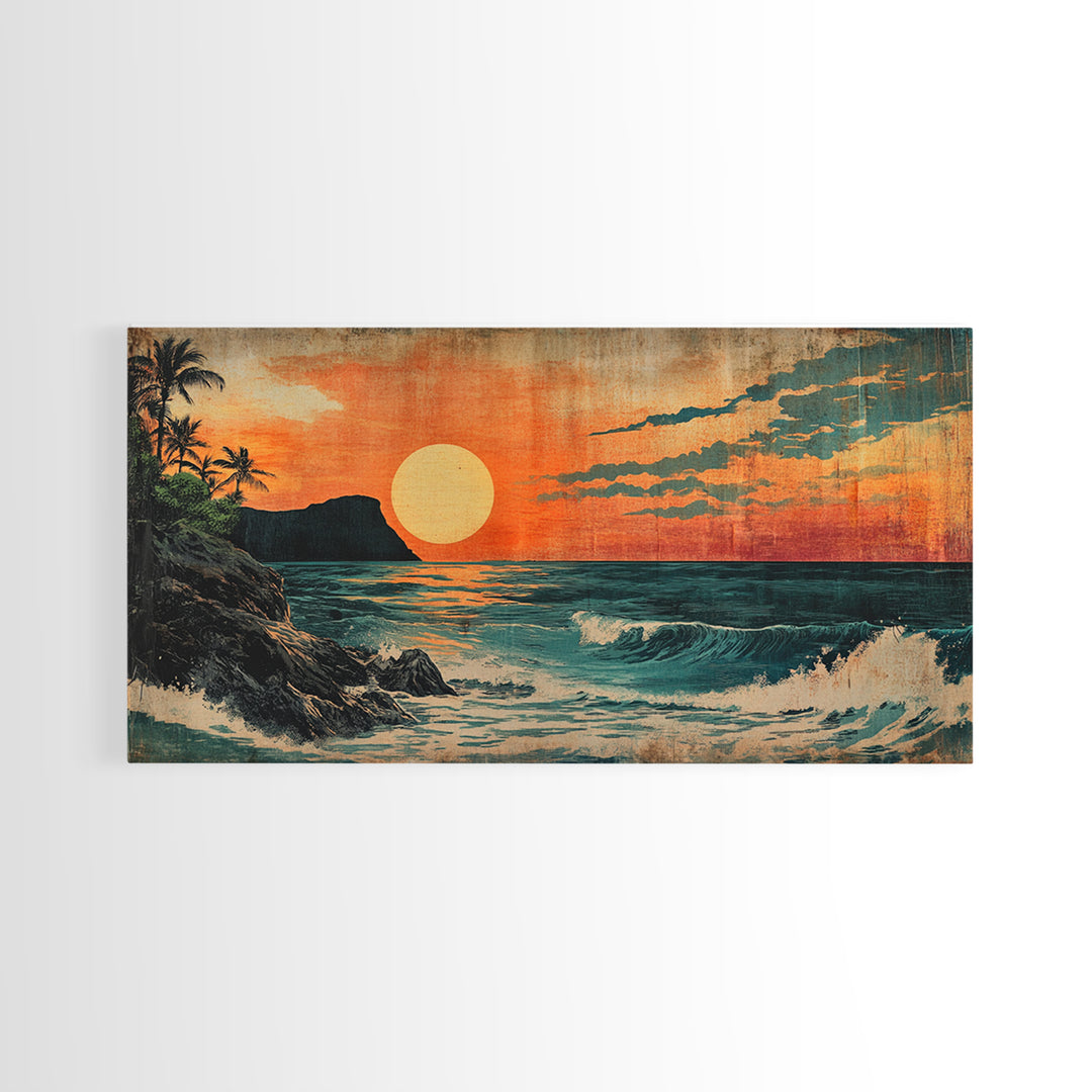 Tropical Island Sunset With Orange Sky And Waves Framed Canvas Print, Coastal Wall Art, Beach House Decor, Ocean Art, Living Room Decor