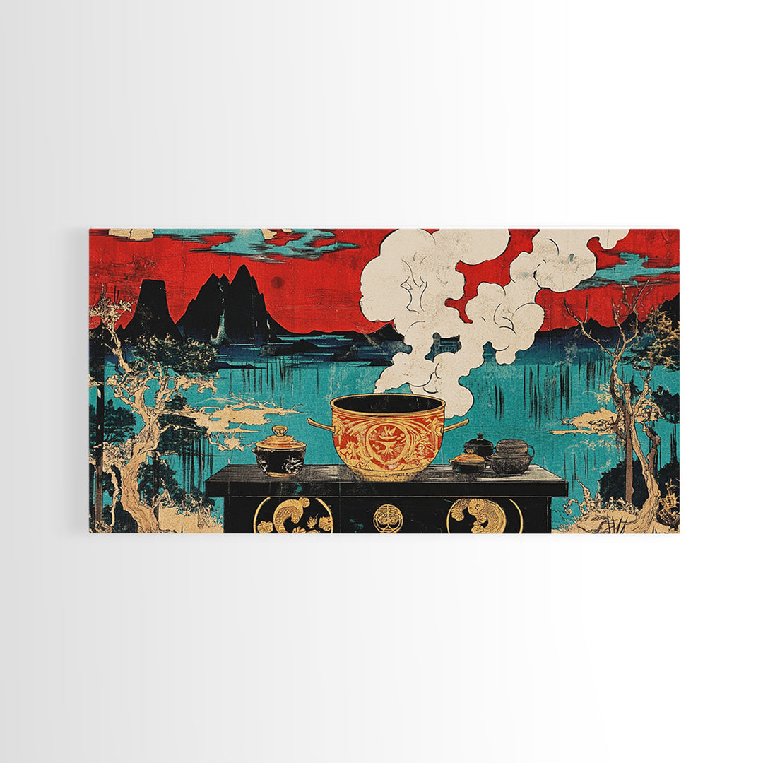 Steaming Tea Pot Before Asian Lake And Red Sky Canvas Print, Japanese Kitchen Wall Art, Zen Dining Room Decor, Tea Lover Gift