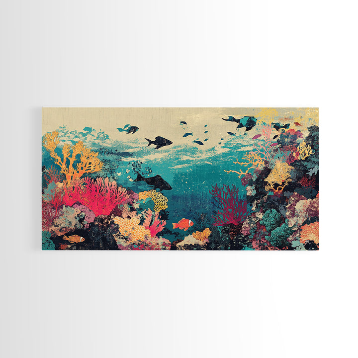 Vibrant Coral Reef Fish And Sharks Wall Art, Coastal Ocean Canvas Decor, Tropical Sea Life Print, Beach House Gift, Living Room Decor