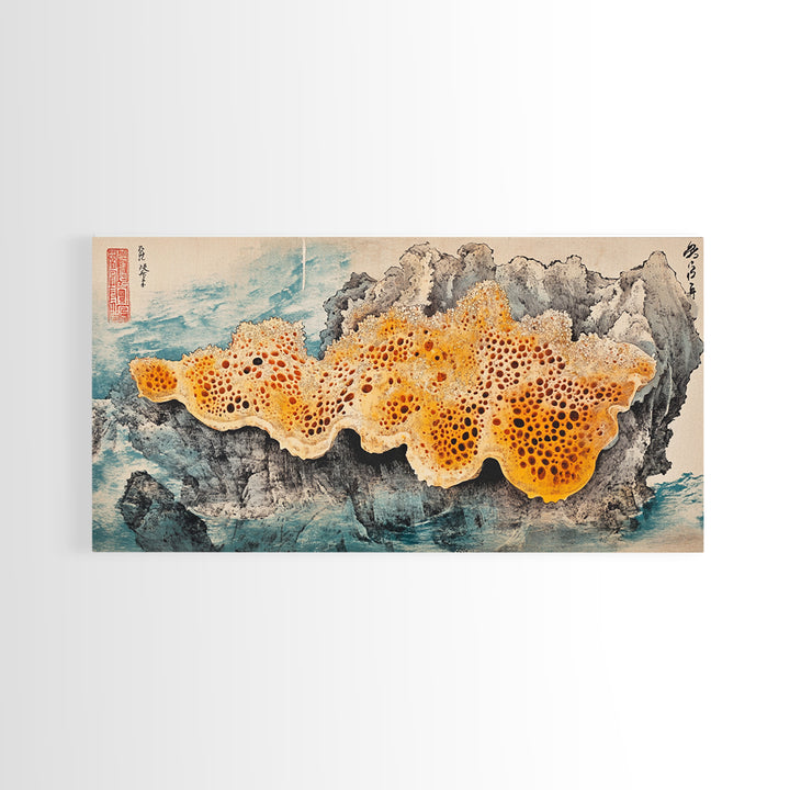 Orange Sea Sponge On Rock Wall Art, Japanese Coastal Print, Ocean Life Decor, Textured Marine Canvas, Beach House Gift, Wall Decor