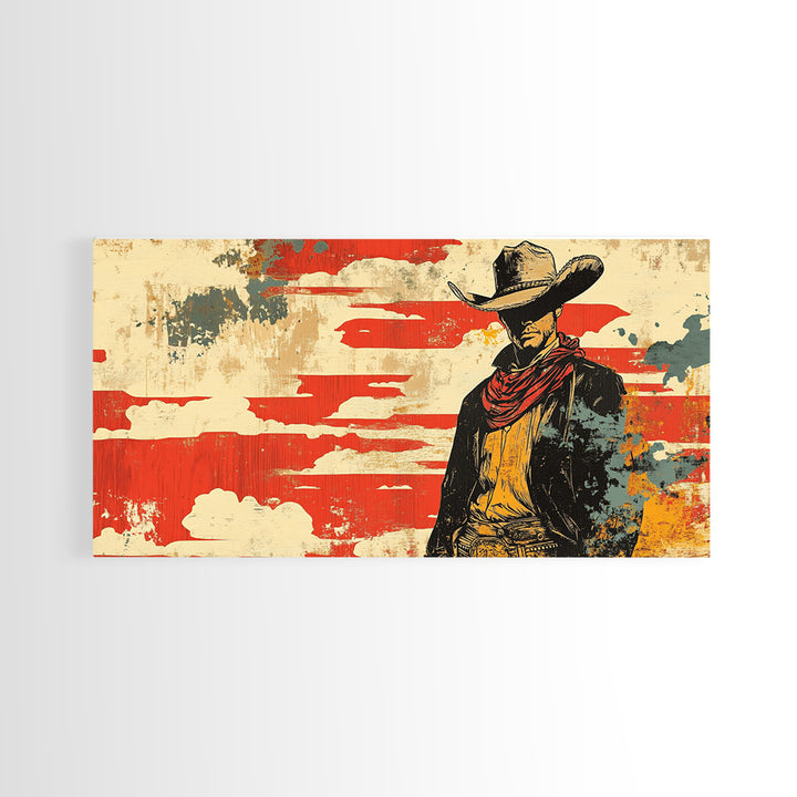 Lone Cowboy Under Red Sky Wall Art, Western Canvas Print, Rustic Ranch Decor, Masculine Office Art, Gift For Him, Cowboy Wall Decor