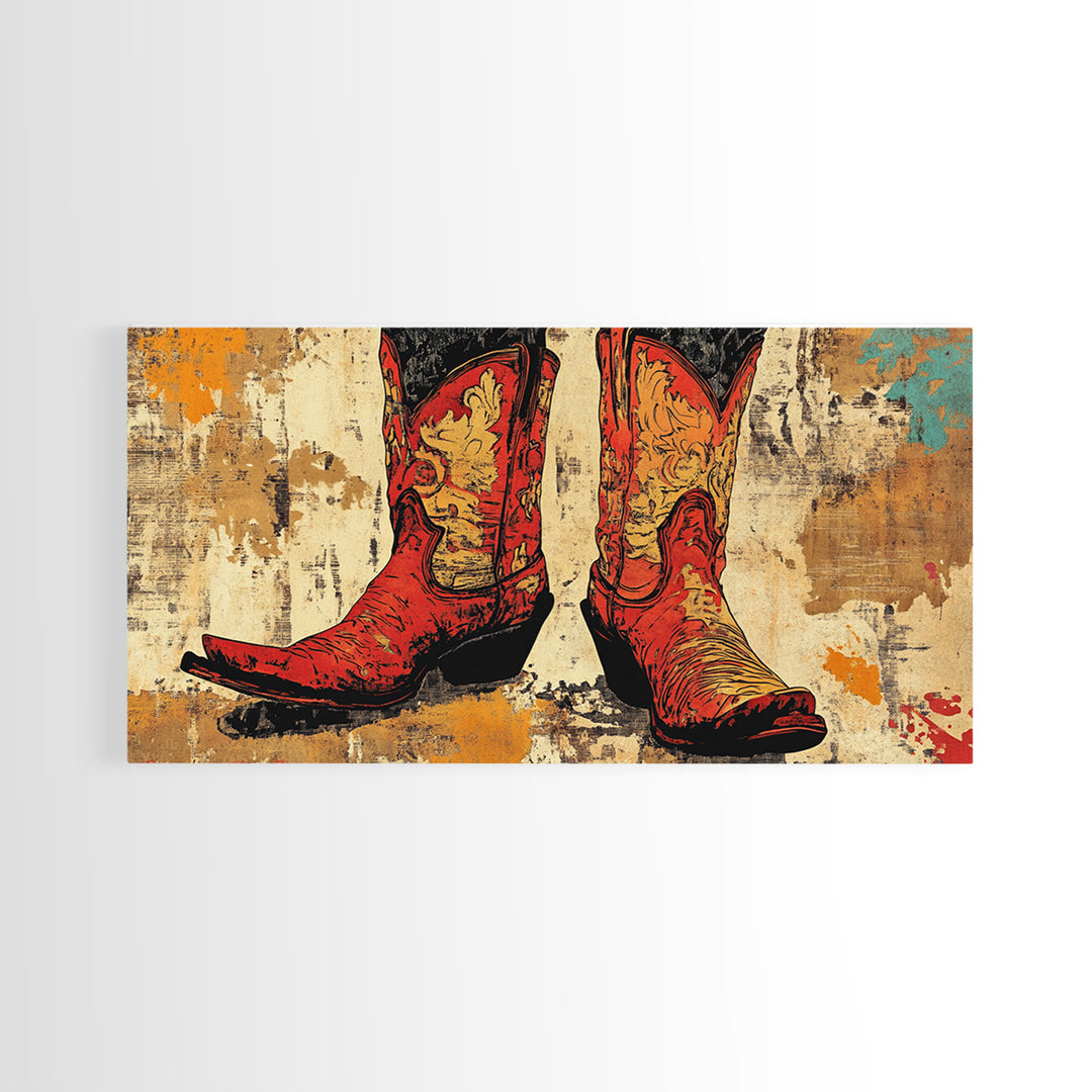 Red Embroidered Cowboy Boots Wall Art, Western Canvas Print, Cowgirl Decor, Rustic Farmhouse Gift, Statement Western Decor