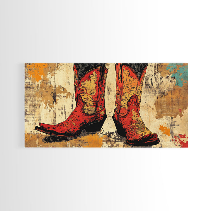 Red Embroidered Cowboy Boots Wall Art, Western Canvas Print, Cowgirl Decor, Rustic Farmhouse Gift, Statement Western Decor