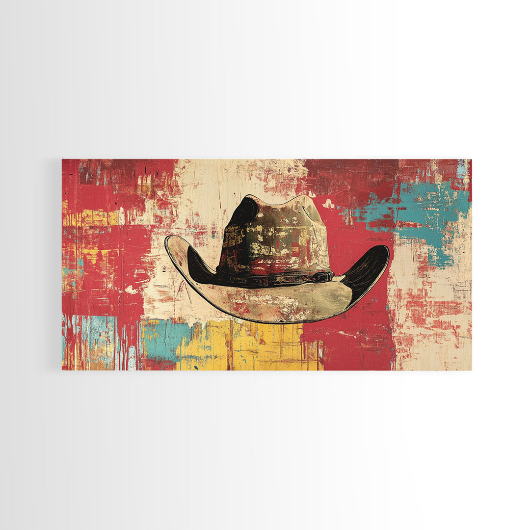 Distressed Cowboy Hat On Red Turquoise Wall Art, Western Canvas Print, Rustic Ranch Decor, Man Cave Gift, Modern Decor Print
