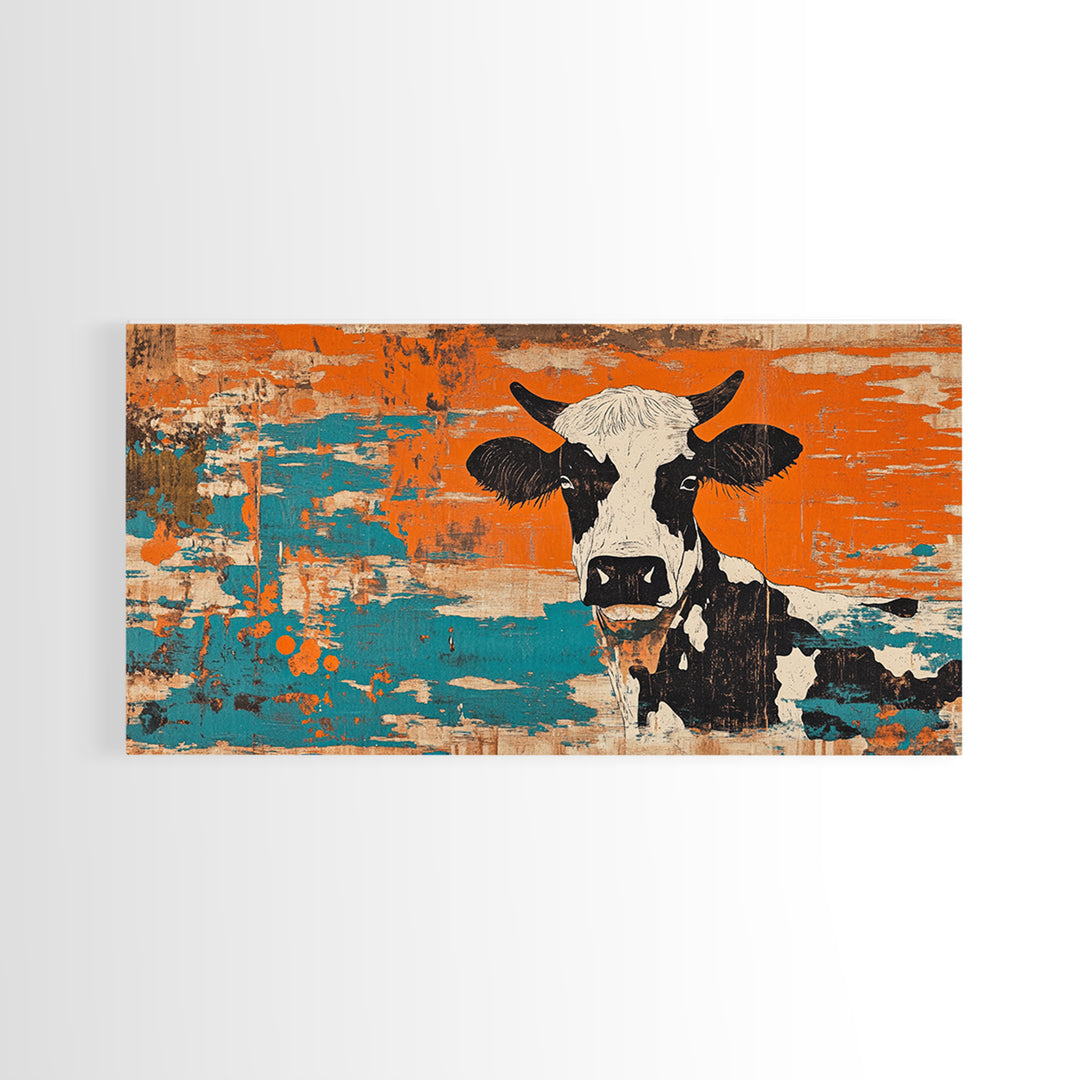 Black And White Cow On Orange Teal Rustic Canvas Print, Farmhouse Wall Art, Kitchen Decor, Country Home Decor Gift For Farmhouse Style