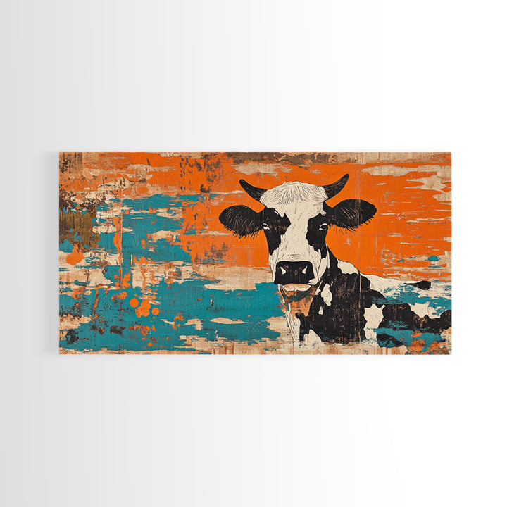 Black And White Cow On Orange Teal Rustic Canvas Print, Farmhouse Wall Art, Kitchen Decor, Country Home Decor Gift For Farmhouse Style