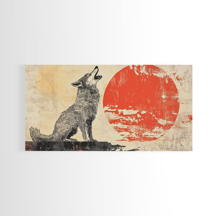 Howling Wolf With Red Sun Framed Canvas Print, Rustic Wildlife Wall Art, Southwestern Decor, Nature Gift For Him, Cabin Home Decor