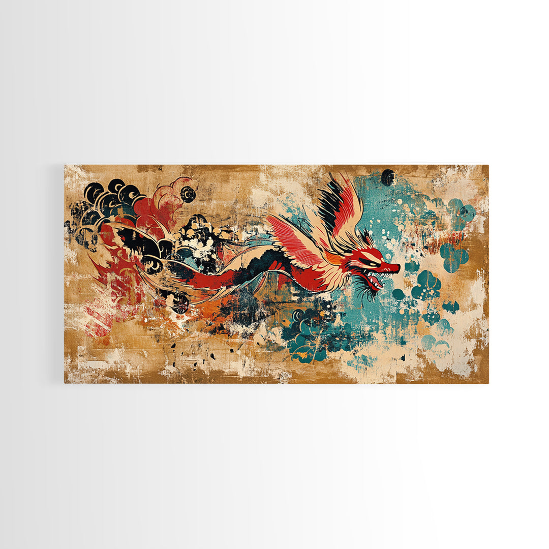 Red Asian Dragon With Teal Grunge Wall Art, Japanese Canvas Print, Fantasy Decor, Vibrant Statement Artwork Gift For Him