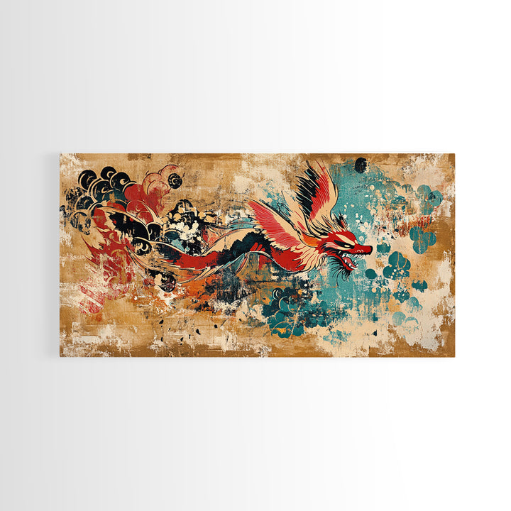 Red Asian Dragon With Teal Grunge Wall Art, Japanese Canvas Print, Fantasy Decor, Vibrant Statement Artwork Gift For Him