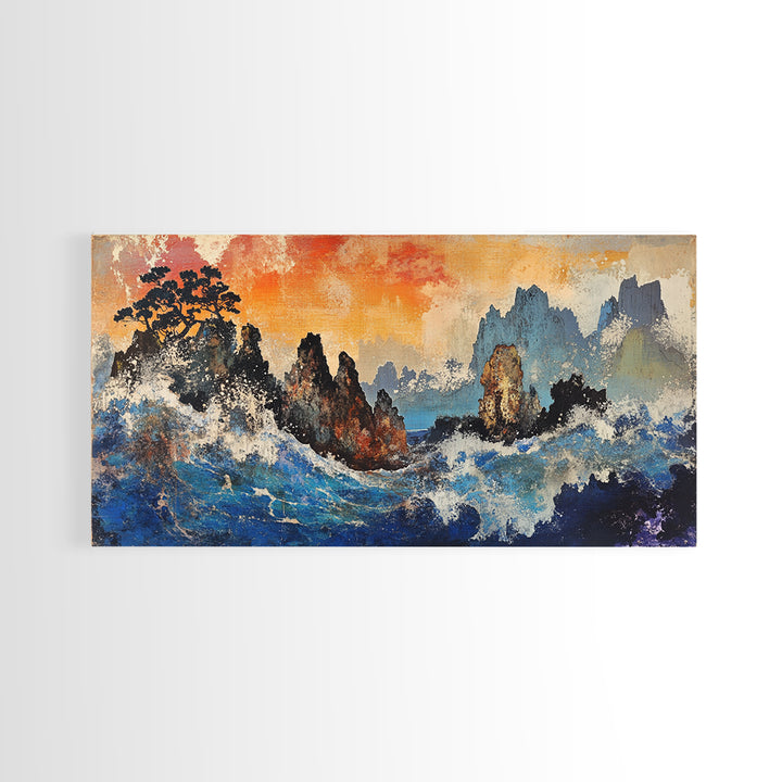 Crashing Blue Waves And Misty Mountains Canvas Print, Asian Landscape Wall Art, Modern Coastal Decor, Living Room Art Print
