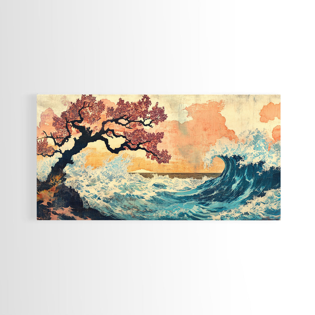 Cherry Blossom Tree And Blue Wave Framed Canvas Print, Japanese Wall Art, Coastal Decor, Serene Bedroom Wall Decor Gifts
