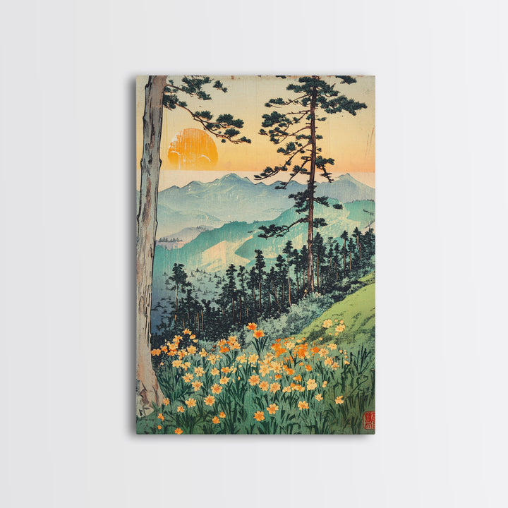 Orange Sun Mountain Forest With Wildflowers Wall Art, Japanese Woodblock Landscape Print, Nature Decor, Living Room Art Print