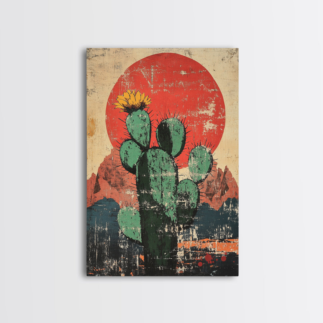 Blooming Prickly Pear Cactus At Red Sun Canvas Print, Southwestern Desert Wall Decor, Boho Western Home Decor, Arizona Art, Rustic Decor
