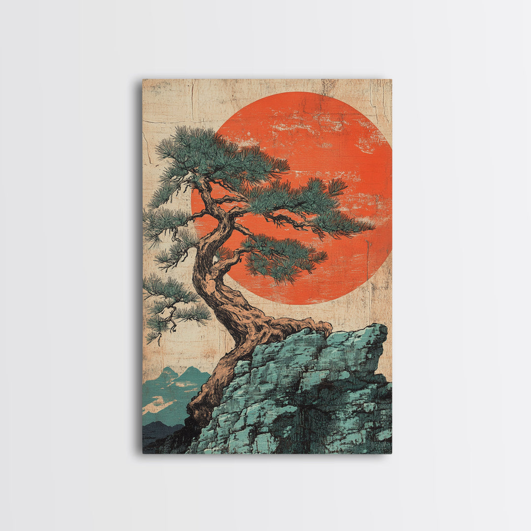 Twisted Pine Tree On Cliff With Red Sun Framed Canvas Print, Japanese Wall Art, Japandi Decor, Zen Landscape Art, Nature Home Decor