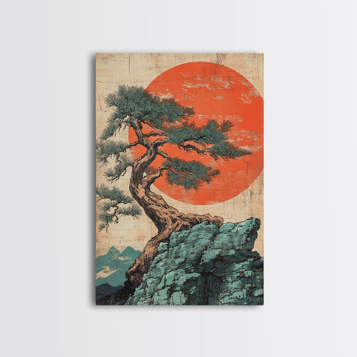Twisted Pine Tree On Cliff With Red Sun Framed Canvas Print, Japanese Wall Art, Japandi Decor, Zen Landscape Art, Nature Home Decor