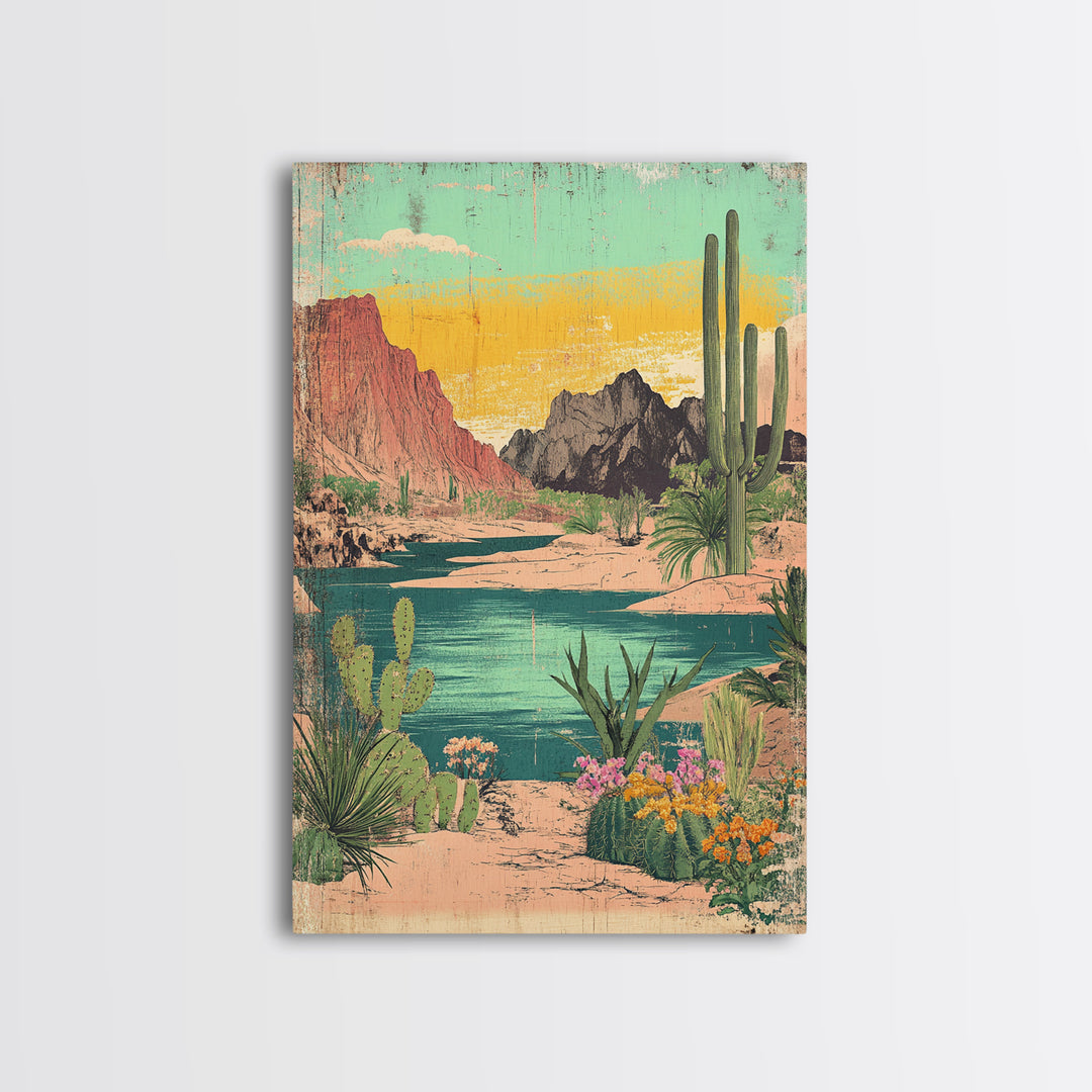 Turquoise Desert River Canyon With Saguaro Cactus Wall Art, Southwestern Landscape Print, Arizona Home Decor, Boho Decor