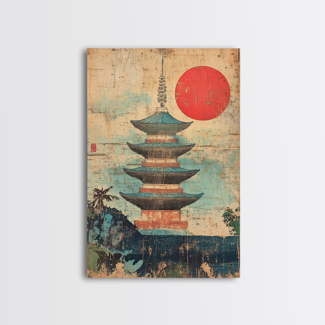 Japanese Pagoda Temple With Red Sun Framed Canvas Print, Asian Wall Art, Japandi Home Decor, Meditation Room Decor, Zen Wall Decor