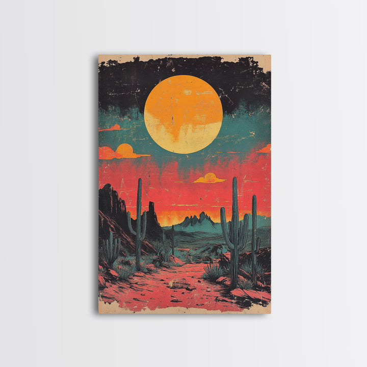 Neon Desert Sunset With Saguaro Cacti Canvas Print, Southwestern Wall Art, Retro Western Decor, Colorful Living Room Art