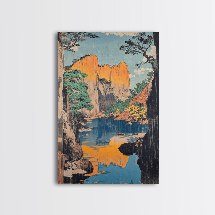 Golden Canyon River Reflection Landscape Wall Art, Japanese Woodblock Style Print, Nature Decor, Large Living Room Art Print