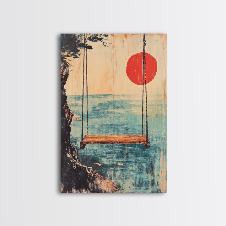 Minimal Japanese Ocean Swing Wall Art, Red Sun Coastal Print, Japandi Wall Decor, Beach House Decor, Calming Canvas Print
