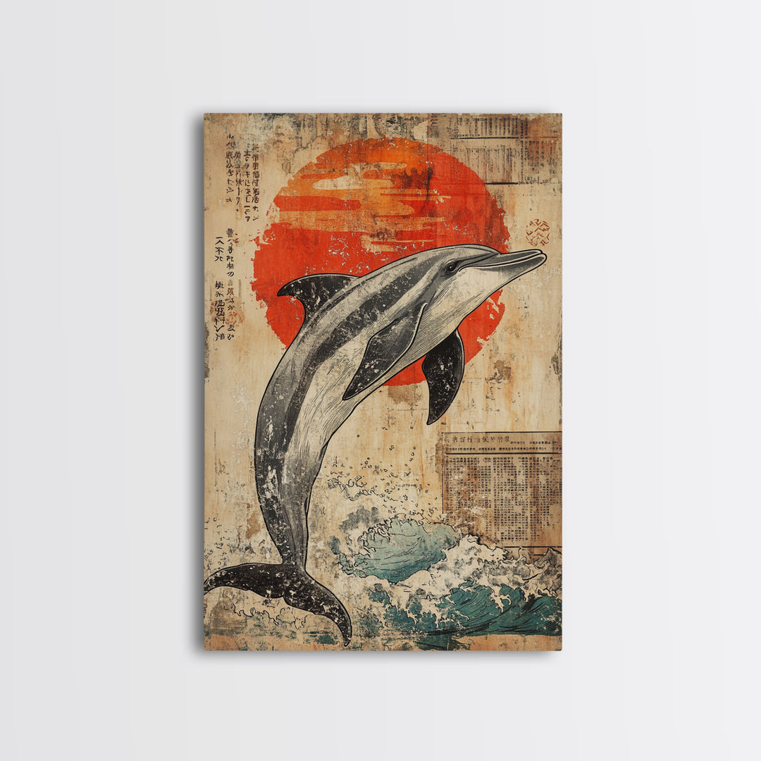 Leaping Dolphin Red Sun Wall Art, Japanese Ocean Print, Nautical Coastal Decor, Sea Life Artwork, Bathroom Canvas Print Gift