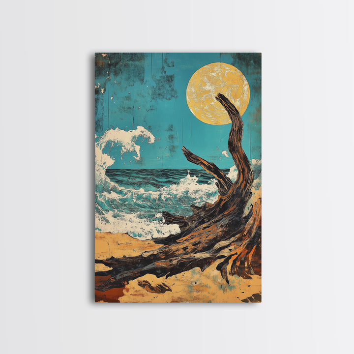 Driftwood Moonlit Ocean Waves Canvas Print, Japanese Coastal Wall Decor, Beach House Art, Teal Nautical Living Room Decor