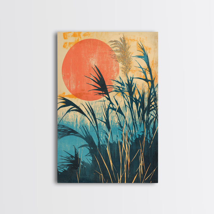 Tropical Reeds Orange Sun Canvas Print, Boho Coastal Wall Decor, Botanical Nature Art For Bedroom And Living Room Decor Gift