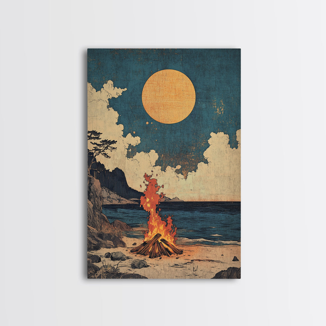 Beach Bonfire Full Moon Framed Canvas Print, Coastal Seascape Wall Art, Rustic Cabin Decor, Nautical Living Room Print Gift