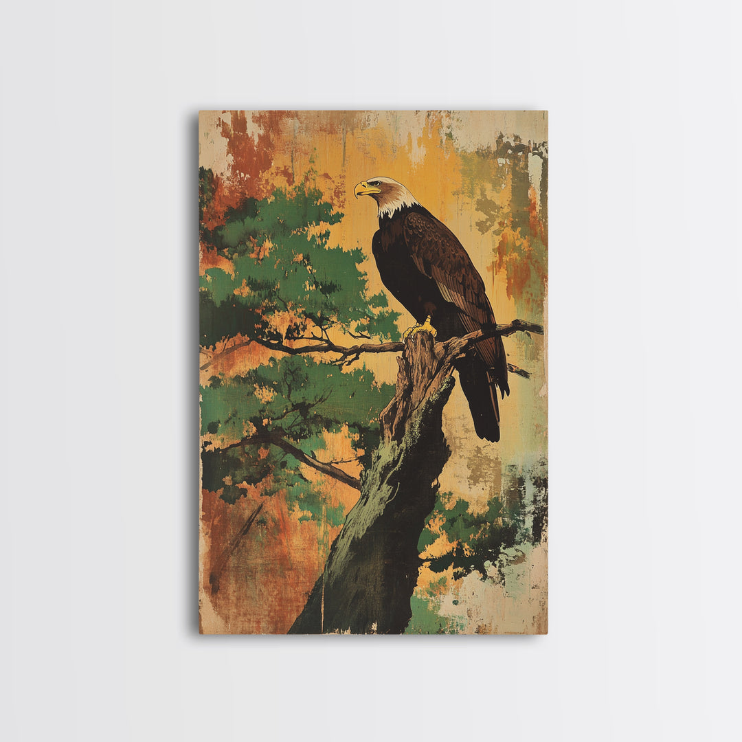Bald Eagle On Pine Branch Canvas Print, Wildlife Wall Art, Rustic Nature Decor, Cabin Office Art, Gift For Bird Lovers Home Decor