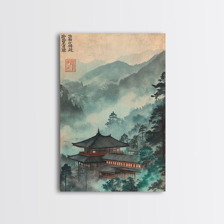 Misty Japanese Temple In Teal Mountains Wall Art, Asian Landscape Print, Japandi Decor, Zen Home Decor, Living Room Wall Art