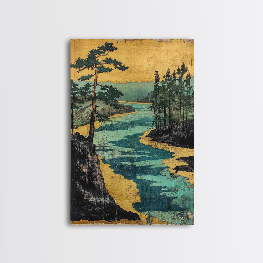 Gold River And Pine Forest Canvas Print, Japanese Landscape Art, Asian Wall Decor, Japandi Style Art, Serene Living Room Decor