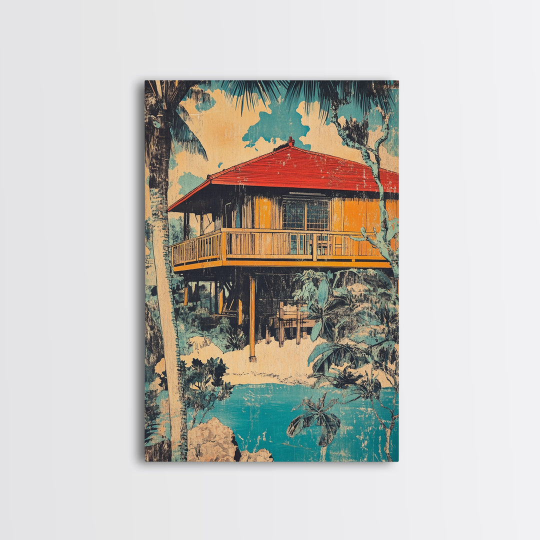 Tropical Stilt Beach House Canvas Print, Coastal Wall Art, Palm Tree Decor, Beach House Art, Summer Home Decor, Large Wall Art