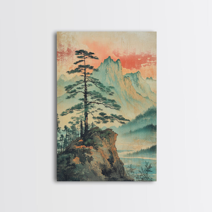 Misty Pine Cliff And Mountain Lake Wall Art, Japanese Landscape Print, Nature Wall Art, Serene Wall Art, Japandi Home Decor