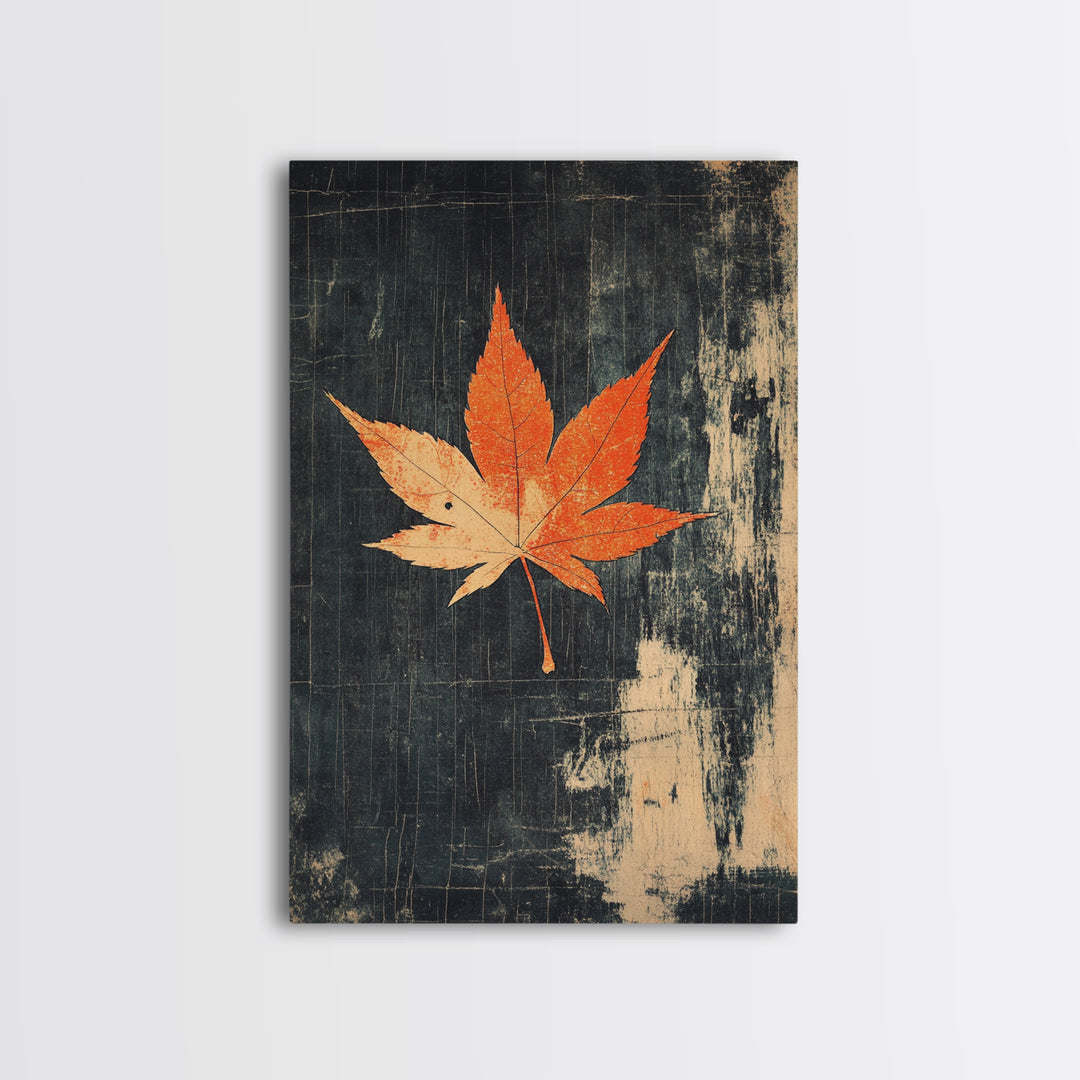Orange Maple Leaf On Dark Texture Canvas Print, Autumn Wall Art, Botanical Print, Minimalist Decor, Nature Wall Art, Fall Decor