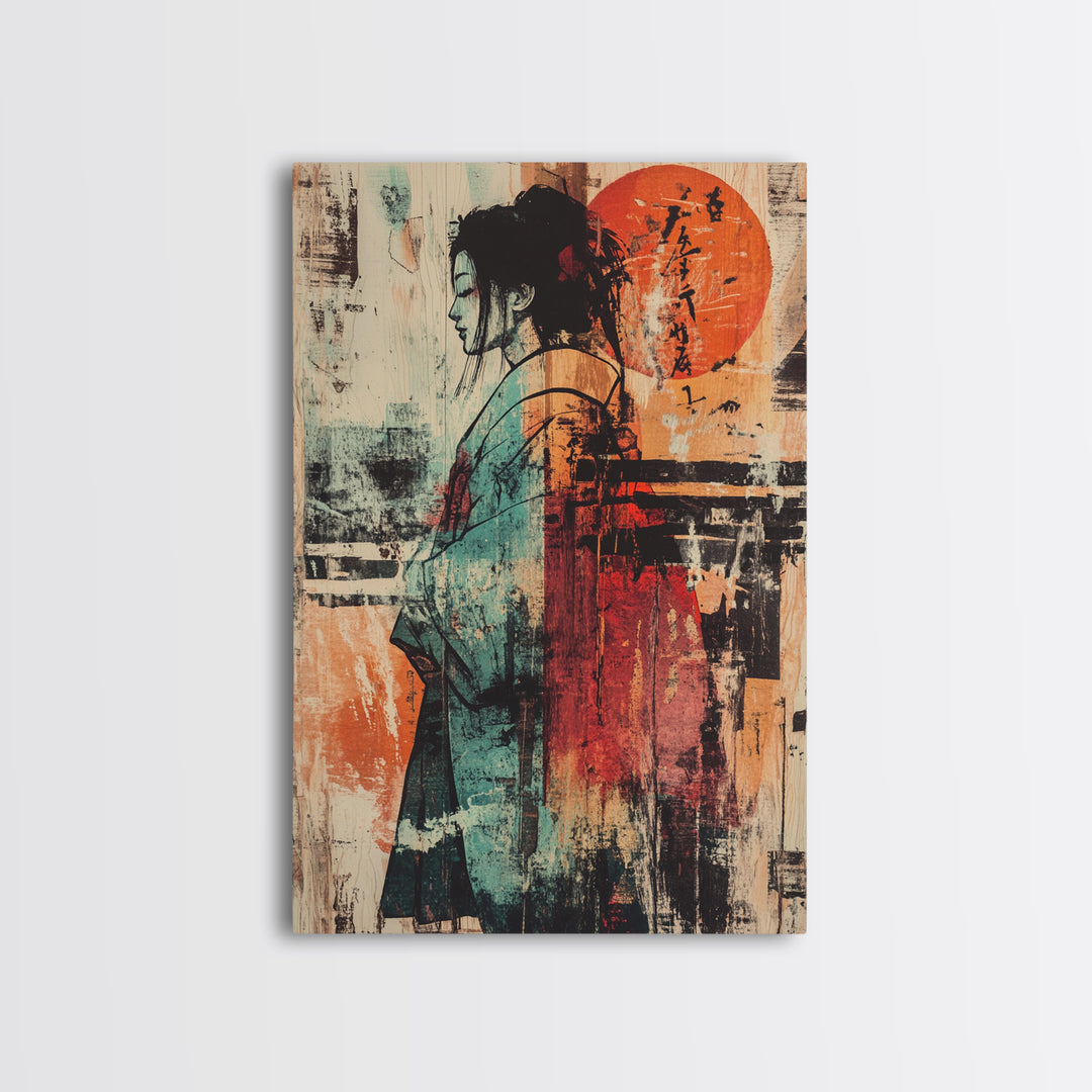 Abstract Kimono Woman With Red Sun Wall Art, Japanese Wall Art, Asian Inspired Decor, Feminine Wall Art, Modern Portrait Print