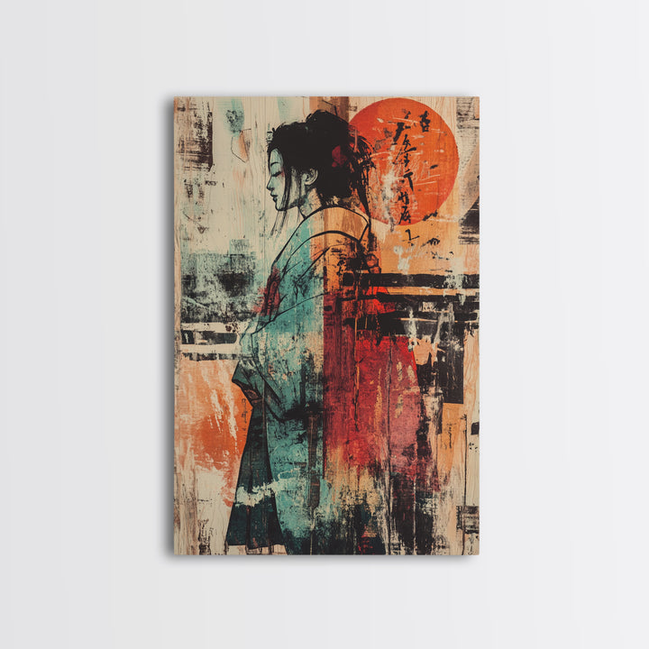 Abstract Kimono Woman With Red Sun Wall Art, Japanese Wall Art, Asian Inspired Decor, Feminine Wall Art, Modern Portrait Print