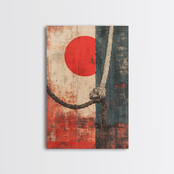 Nautical Rope Knot Wall Art, Red Sun Japanese Abstract Canvas Print, Coastal Decor, Masculine Office Wall Decor, Modern Home Decor