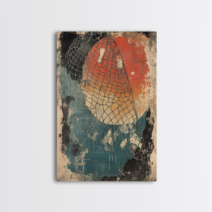 Fishing Net Abstract Wall Art, Red Sun Coastal Canvas Print, Nautical Wall Decor, Modern Rustic Home Decor, Beach House Decor