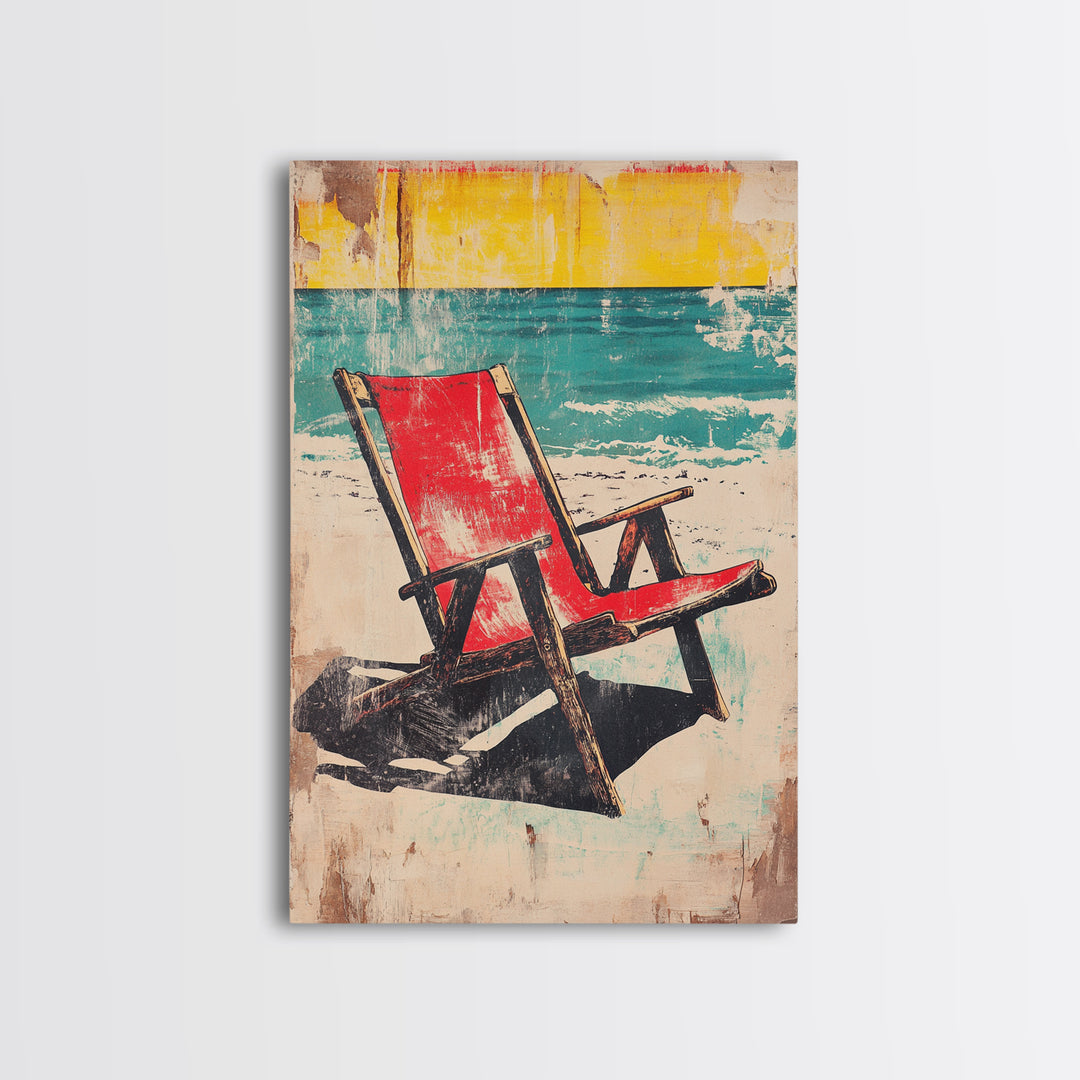 Red Beach Chair Wall Art, Turquoise Ocean Canvas Print, Retro Coastal Decor, Summer Beach House Gift For Her, Living Room Decor