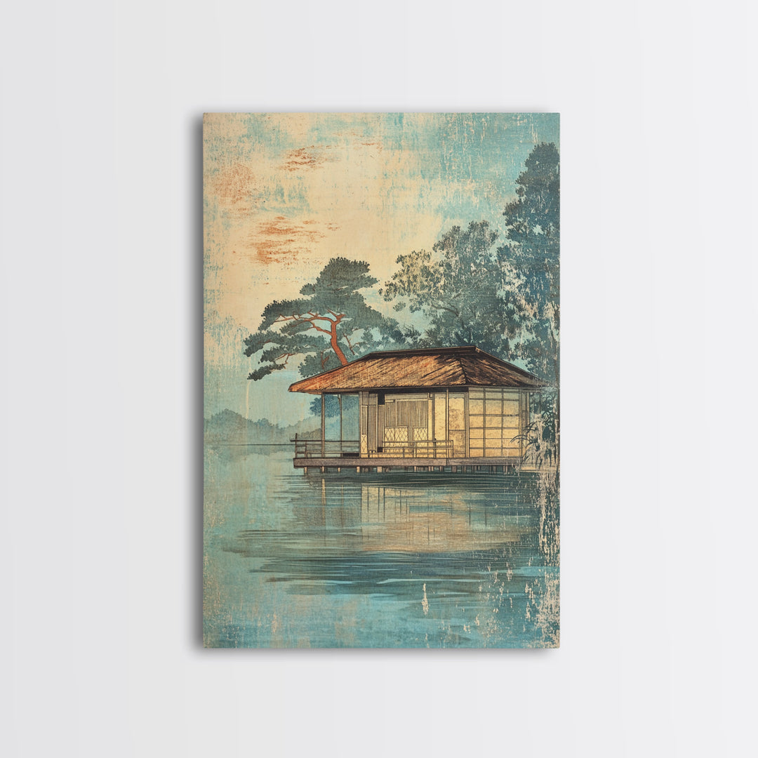 Misty Lakeside House Wall Art, Serene Japanese Landscape Canvas Print, Japandi Lake Decor, Neutral Living Room Art, Zen Home Decor