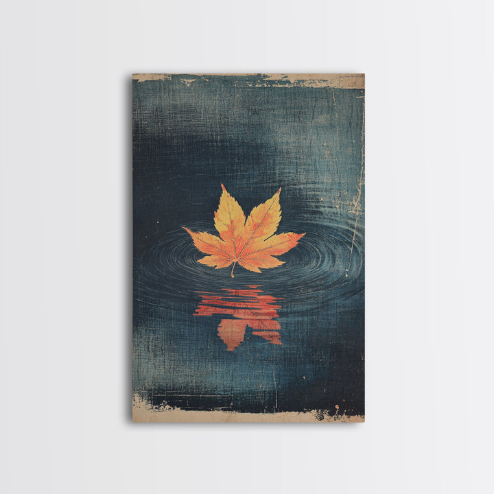 Floating Maple Leaf Wall Art, Dark Water Reflection Canvas Print, Japanese Autumn Decor, Minimalist Nature Art, Japandi Wall Decor