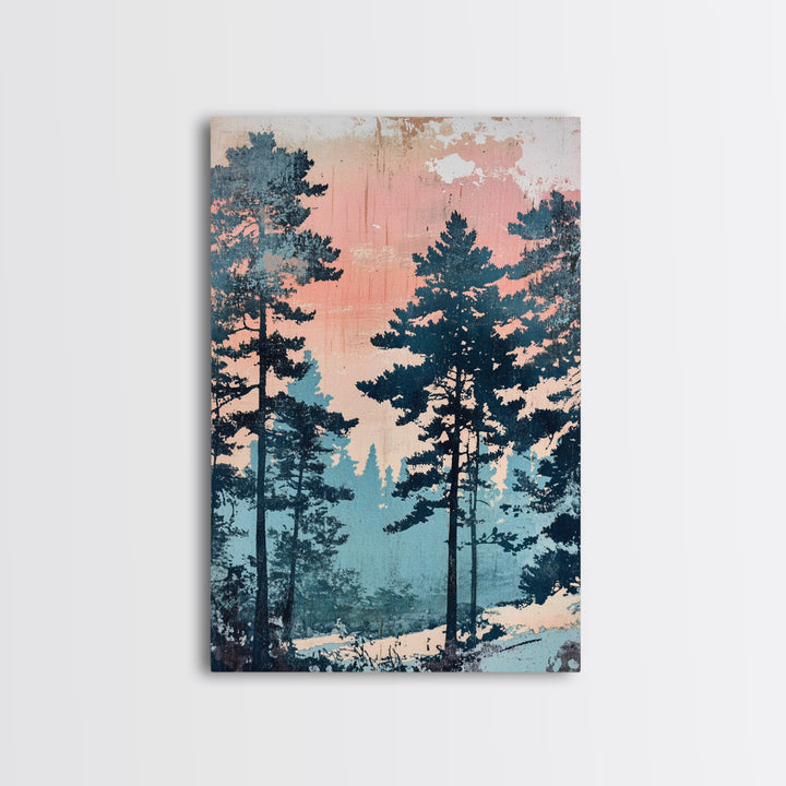 Misty Pine Forest Sunrise Wall Art, Pink Blue Nature Landscape Print, Scandinavian Decor, Calming Bedroom Or Office Decor