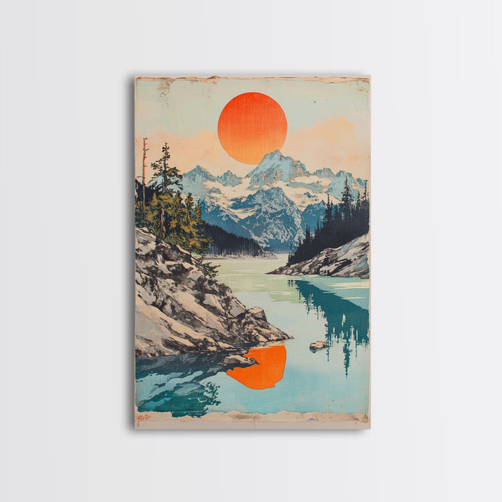 Alpine Lake And Snowy Mountains Wall Art, Orange Sun Landscape Print, Scandinavian Nature Decor, Large Canvas Print For Living Room