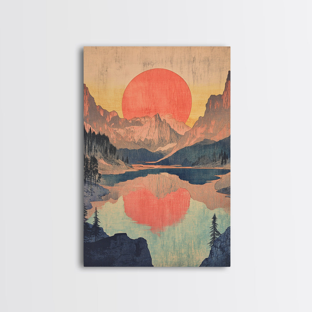 Red Sun Mountain Lake Wall Art, Japanese Landscape Print, Retro Nature Poster, Scenic Living Room Decor, Large Canvas Art