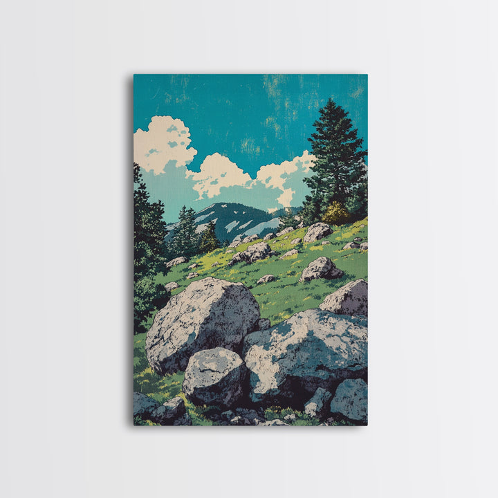 Alpine Meadow Boulder Wall Art, Mountain Landscape Print, Rustic Cabin Decor, Nature Poster, Large Canvas Art For Living Room