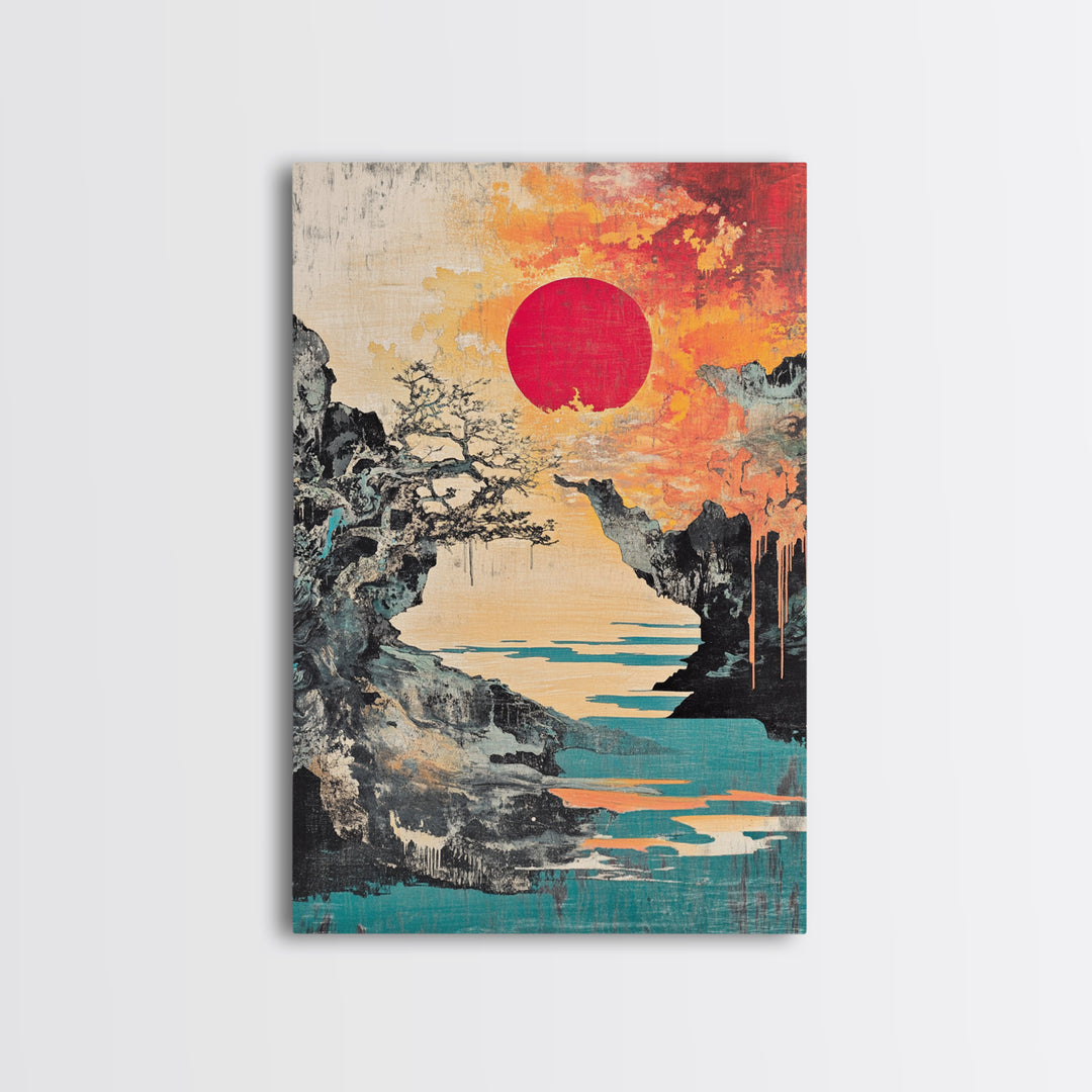 Dramatic Rocky Cove Sunset Red Sun Canvas Print, Japanese Mountain Landscape Art, Coastal Wall Decor, Modern Japandi Living Room Art