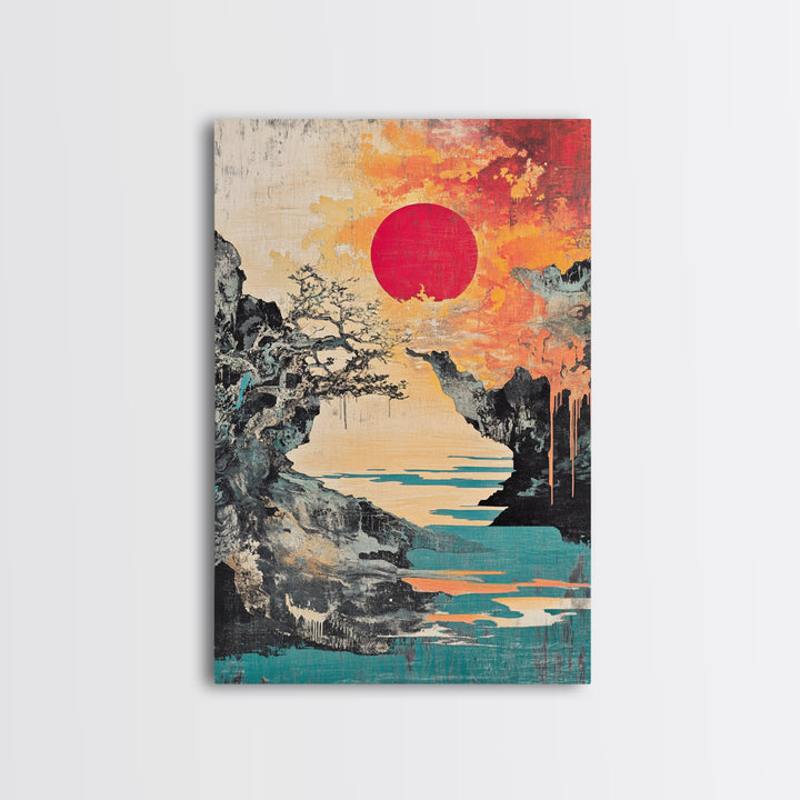 Dramatic Rocky Cove Sunset Red Sun Canvas Print, Japanese Mountain Landscape Art, Coastal Wall Decor, Modern Japandi Living Room Art